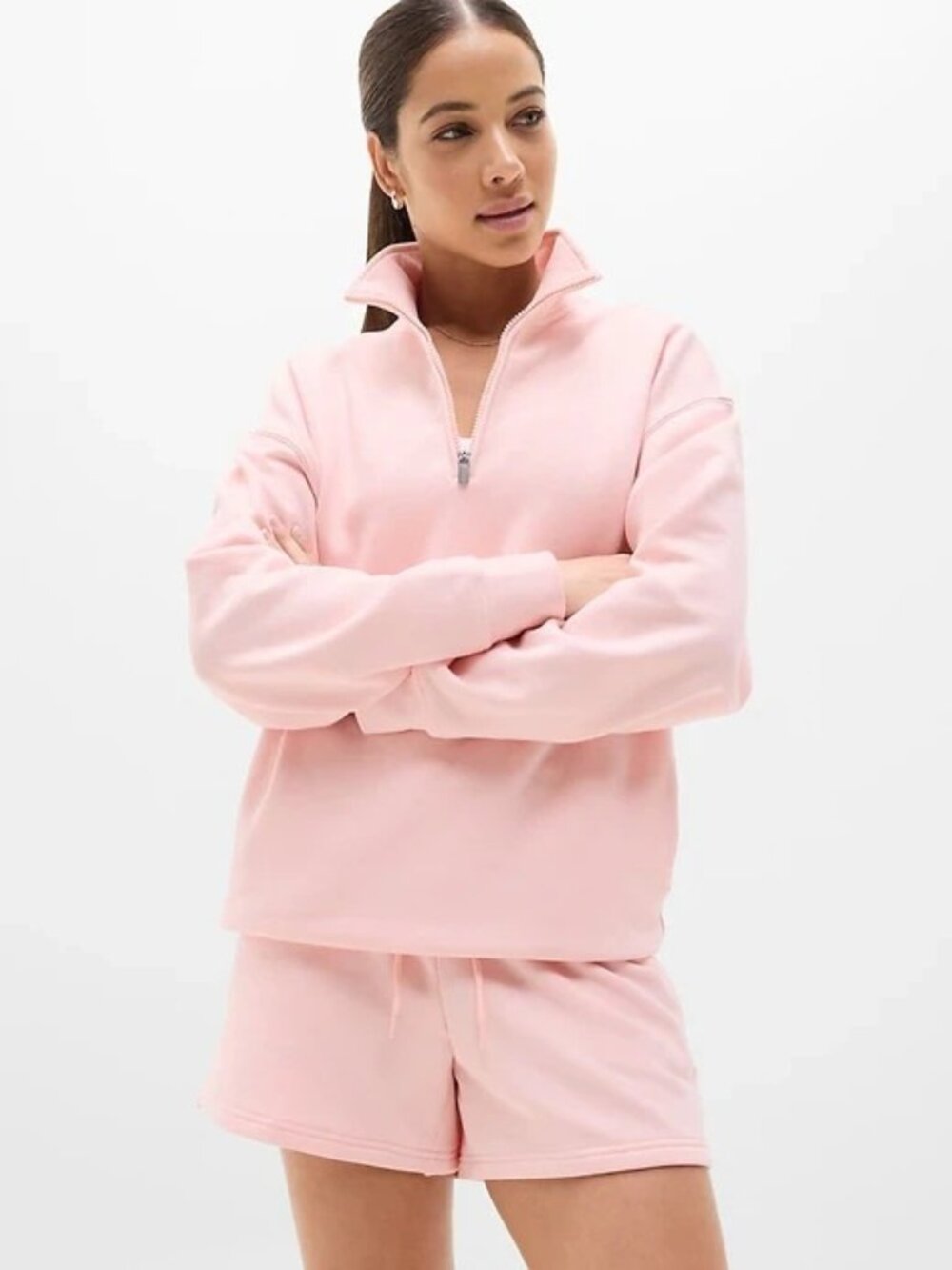 New Athleta M Forever Fleece 1/4 Zip Sweatshirt Pink Sand Medium Regular